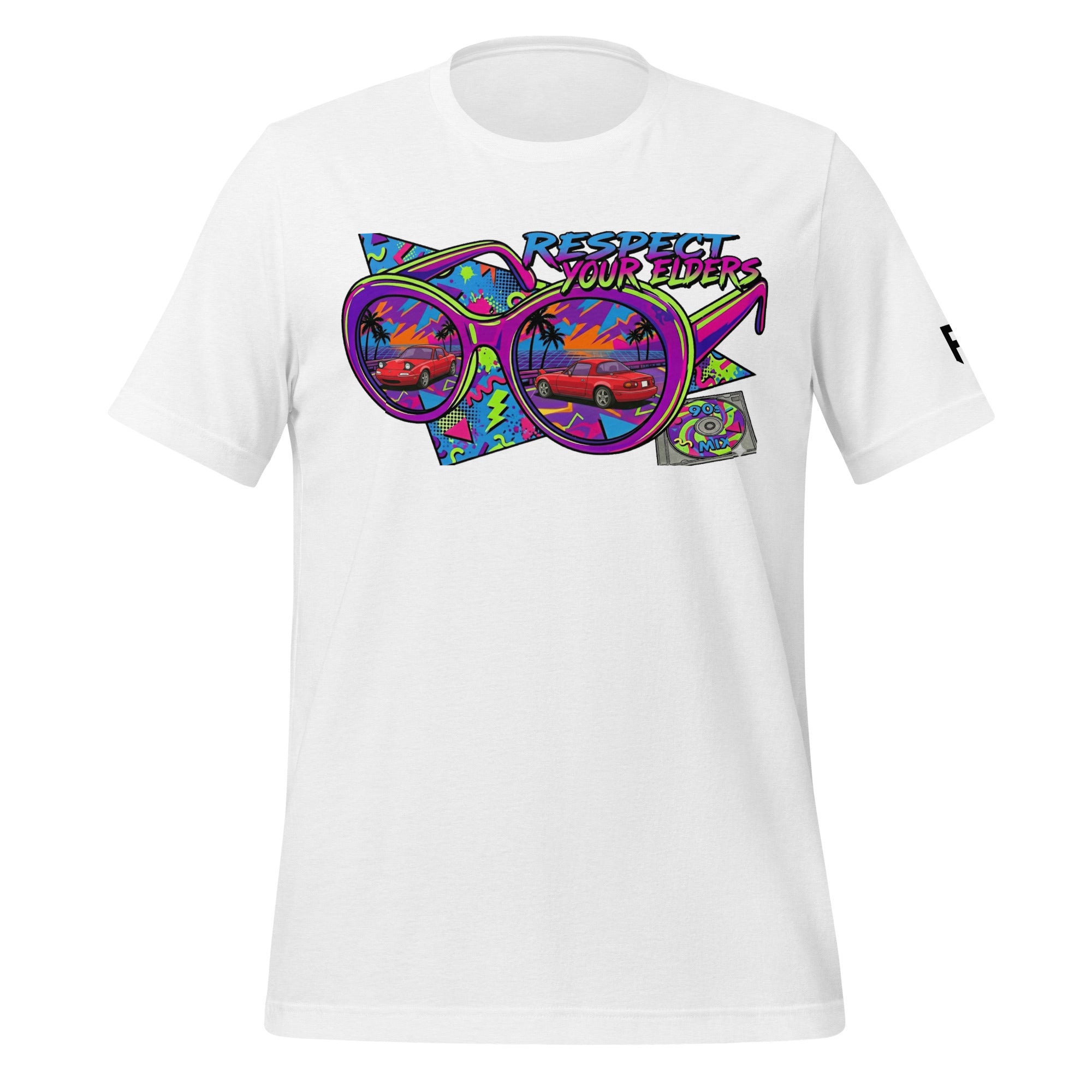 Tee shirt with a 1990s retro style featuring the NA convertible roadster with text saying "Respect your Elders"