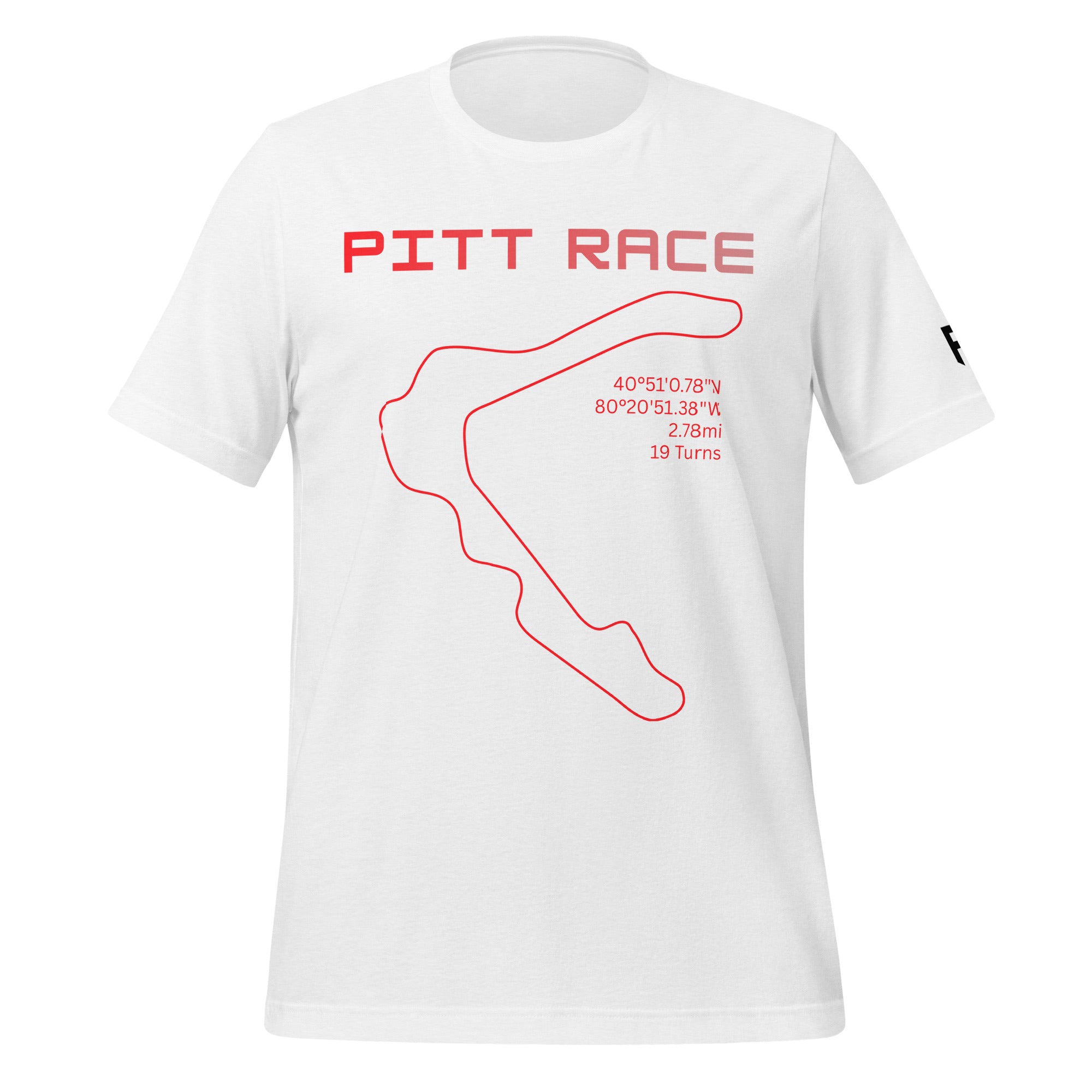 Tee shirt featuring the now closed Pittsburgh National Raceway featuring a simple one line design of the track in red with the track location, length, and number of turns with text above that says "Pitt Race"