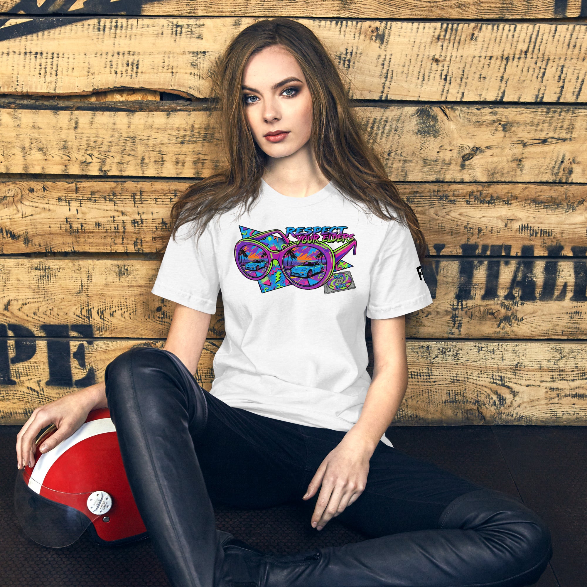 Tee shirt with sunglasses and a retro 1990s design featuring an FD sports car, and text that says "Respect your Elders"