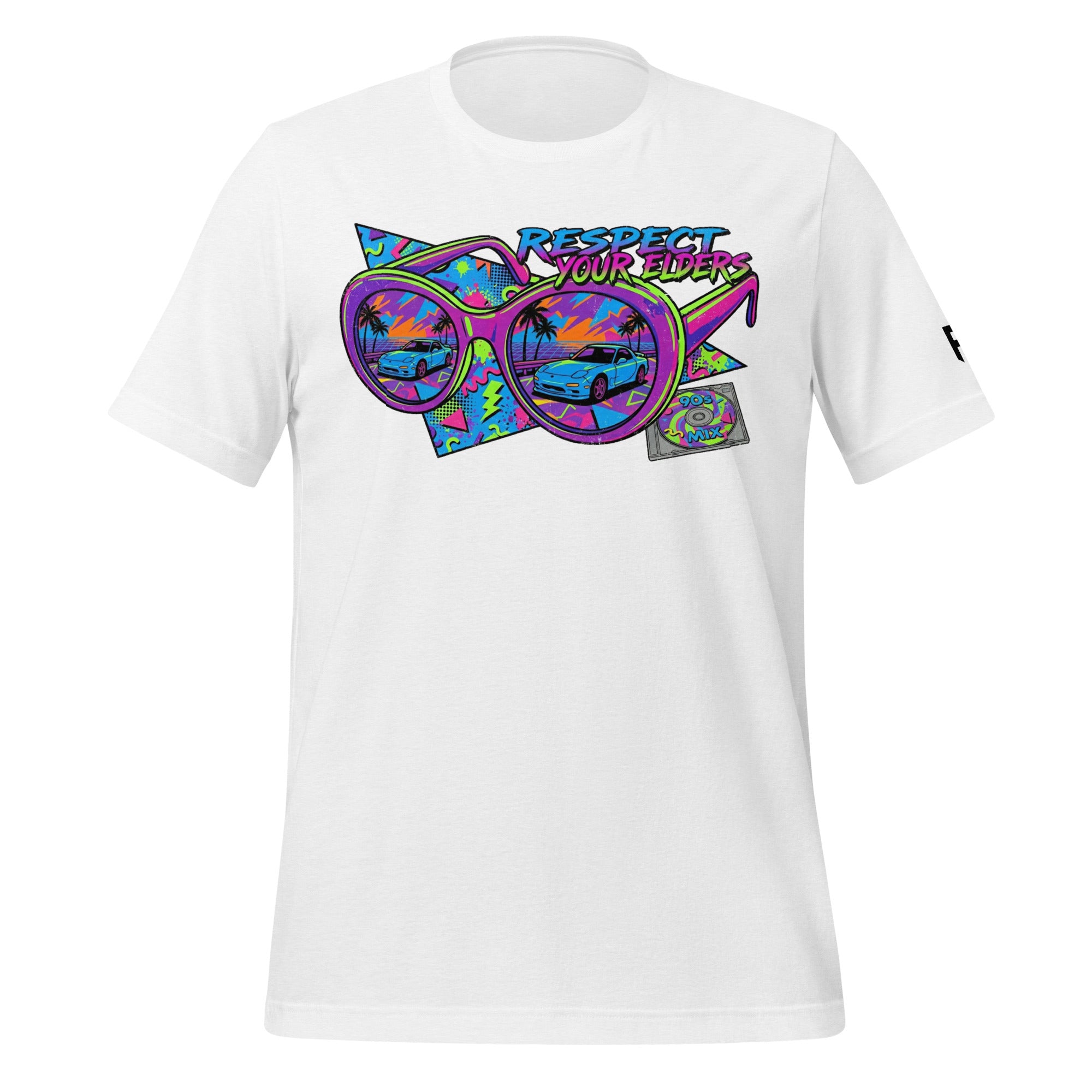 Tee shirt with sunglasses and a retro 1990s design featuring an FD sports car, and text that says "Respect your Elders"