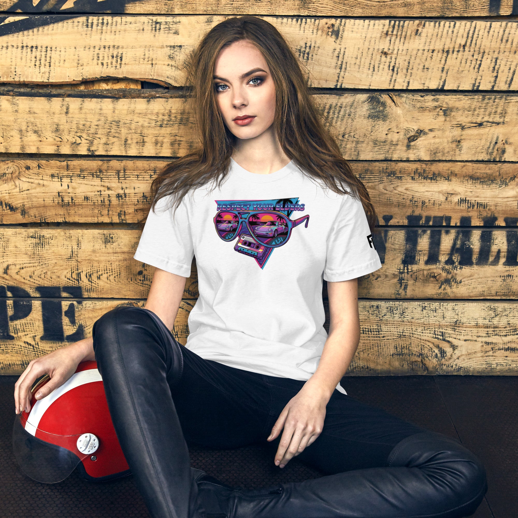 Tee shirt with sunglasses and a 1980s retro style with an air cooled sports coupe from the 80's and text saying "Respect Your Elders"
