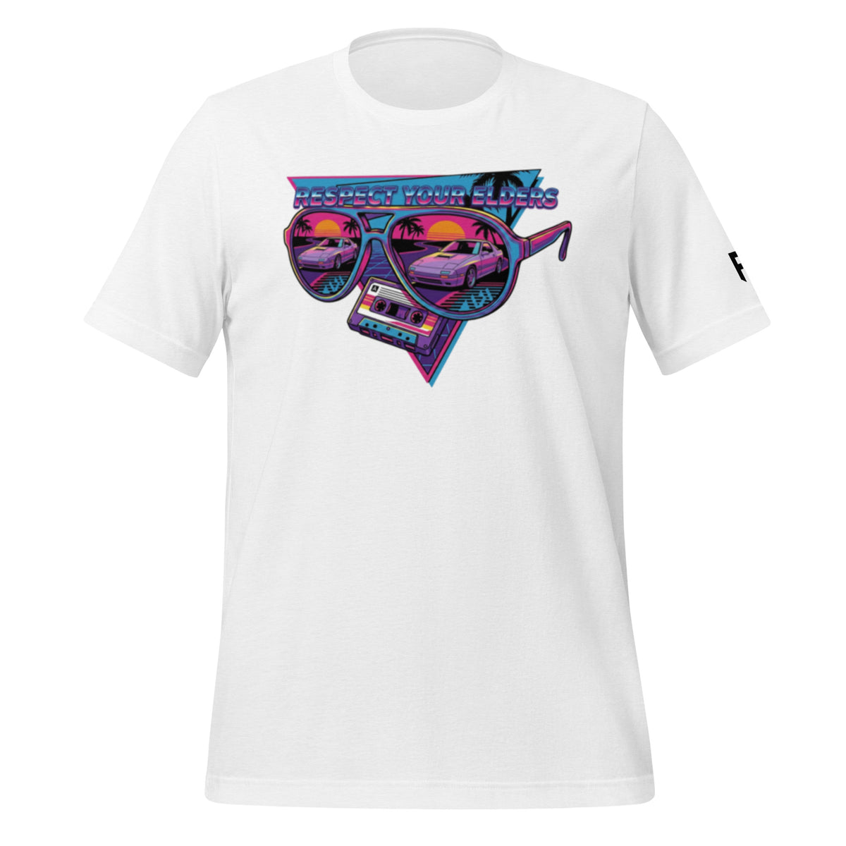 Tee shirt with sunglasses and a 1980s retro style with an FC Japanese sports coupe and text saying "Respect Your Elders"