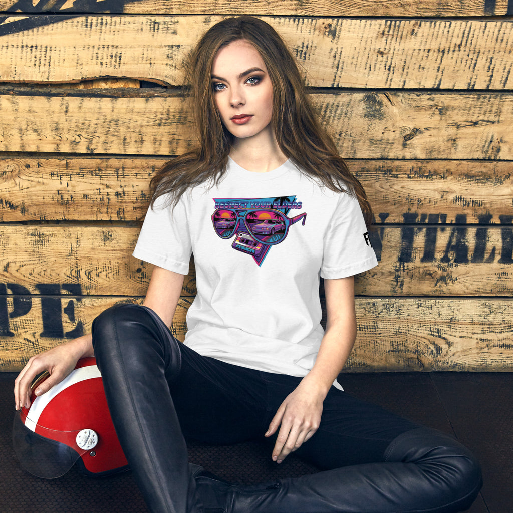 Product mockupTee shirt with sunglasses and a 1980s retro style with a Fox body American sports coupe and text saying "Respect Your Elders"