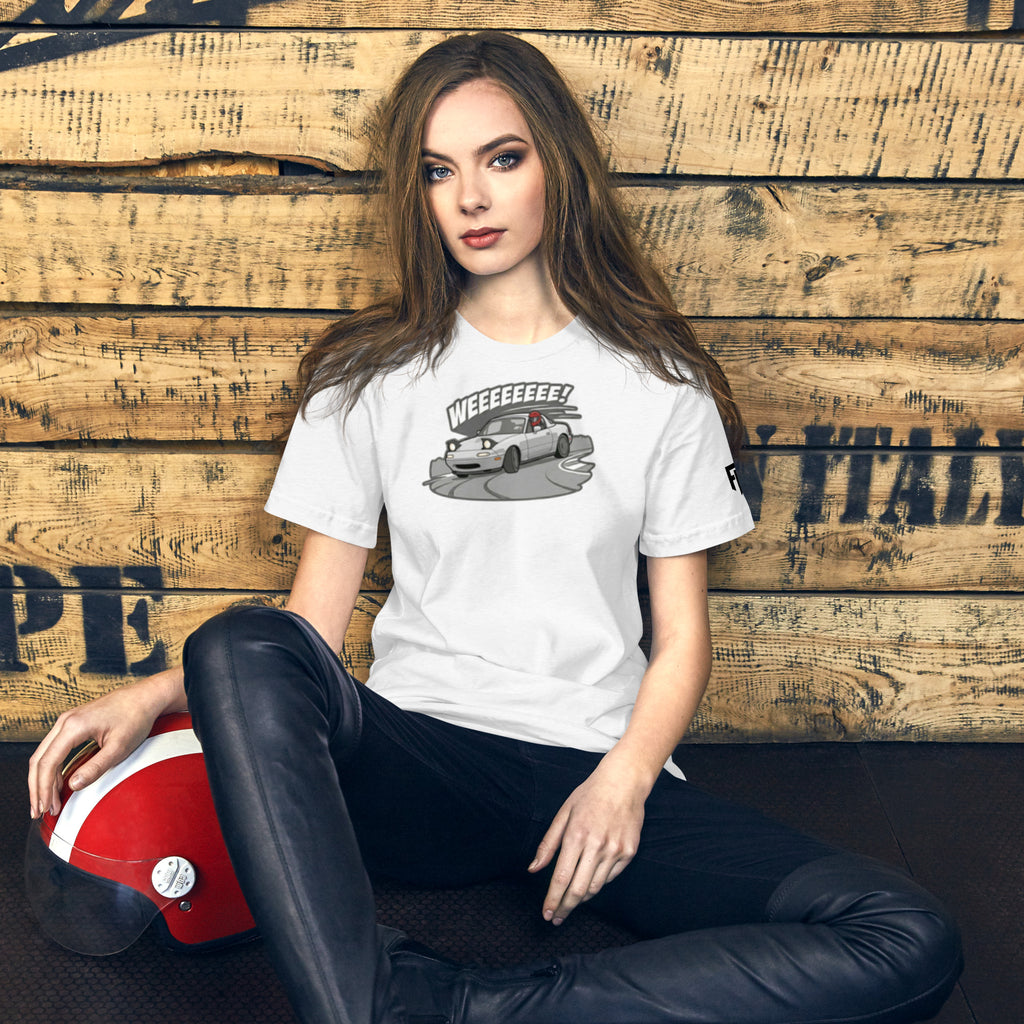 Tee shirt with an NA sports car and the text "Weee!" 