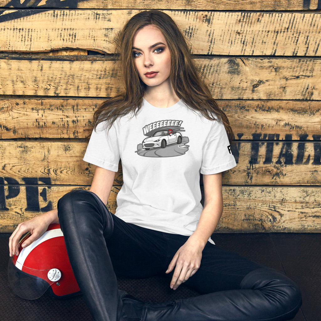 Tee shirt with an ND sports car and the text "Weee!" 