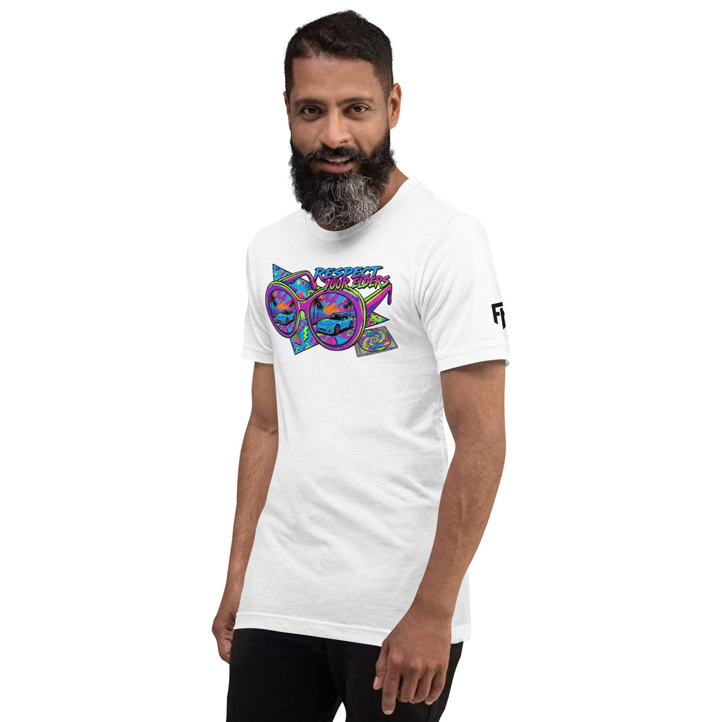 Tee shirt with sunglasses and a retro 1990s design featuring an FD sports car, and text that says "Respect your Elders"