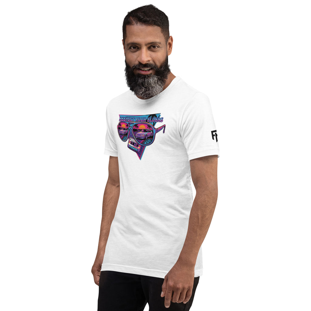 Tee shirt with sunglasses and a 1980s retro style with a Fox body American sports coupe and text saying "Respect Your Elders"