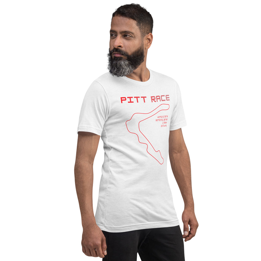 Tee shirt featuring the now closed Pittsburgh National Raceway featuring a simple one line design of the track in red with the track location, length, and number of turns with text above that says "Pitt Race"