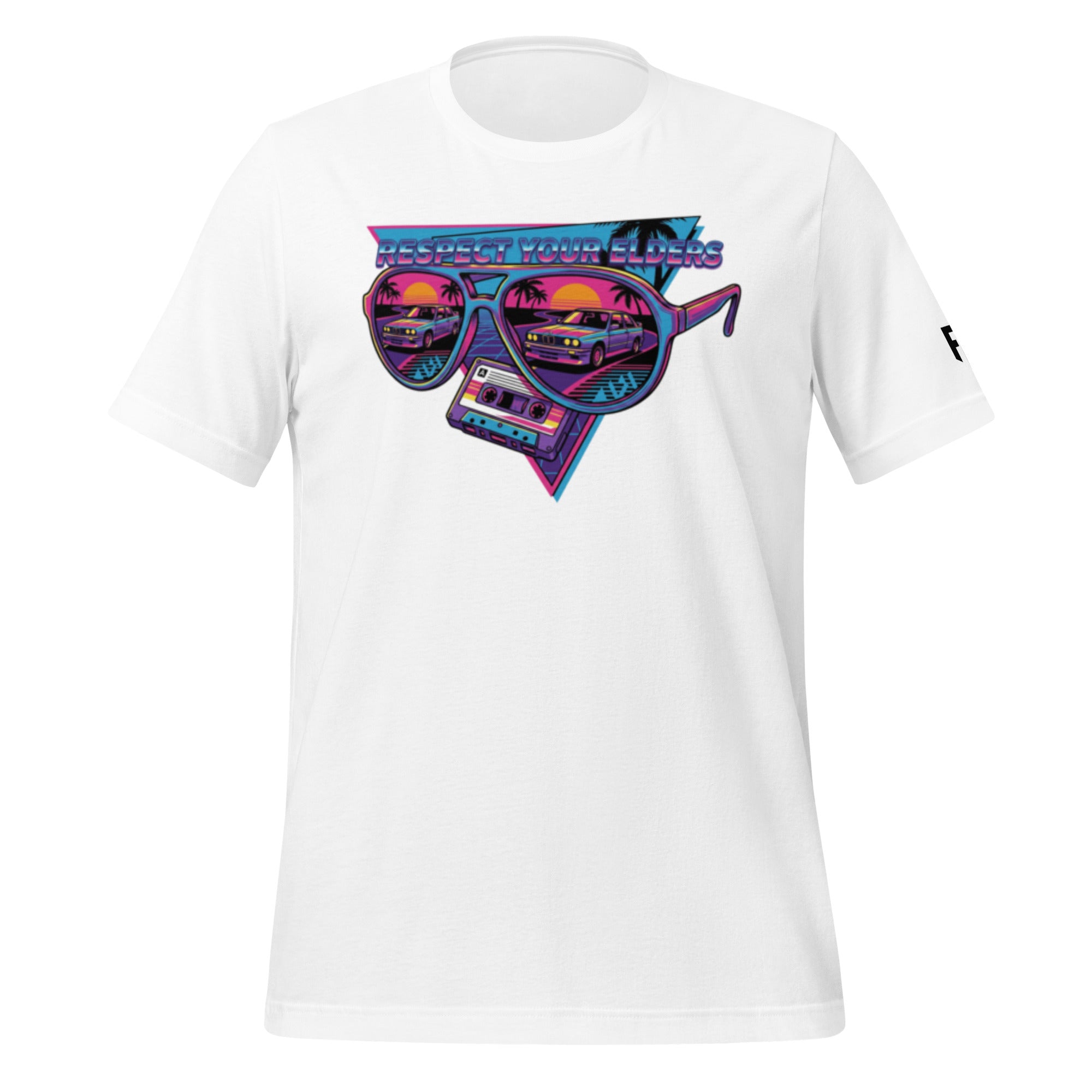 Tee shirt with sunglasses and a retro 1980s style featuring an E30 German performance car with text saying "Respect your Elders"