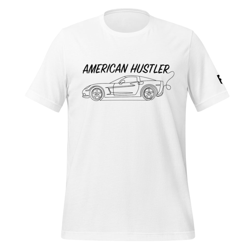 Tee shirt with a simple one line design of a C6 sports car with Text American Hustler over top.