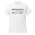 Tee shirt with a simple one line design of a C6 sports car with Text American Hustler over top.