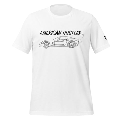 Tee shirt with a simple one line design of a C6 sports car with Text American Hustler over top.