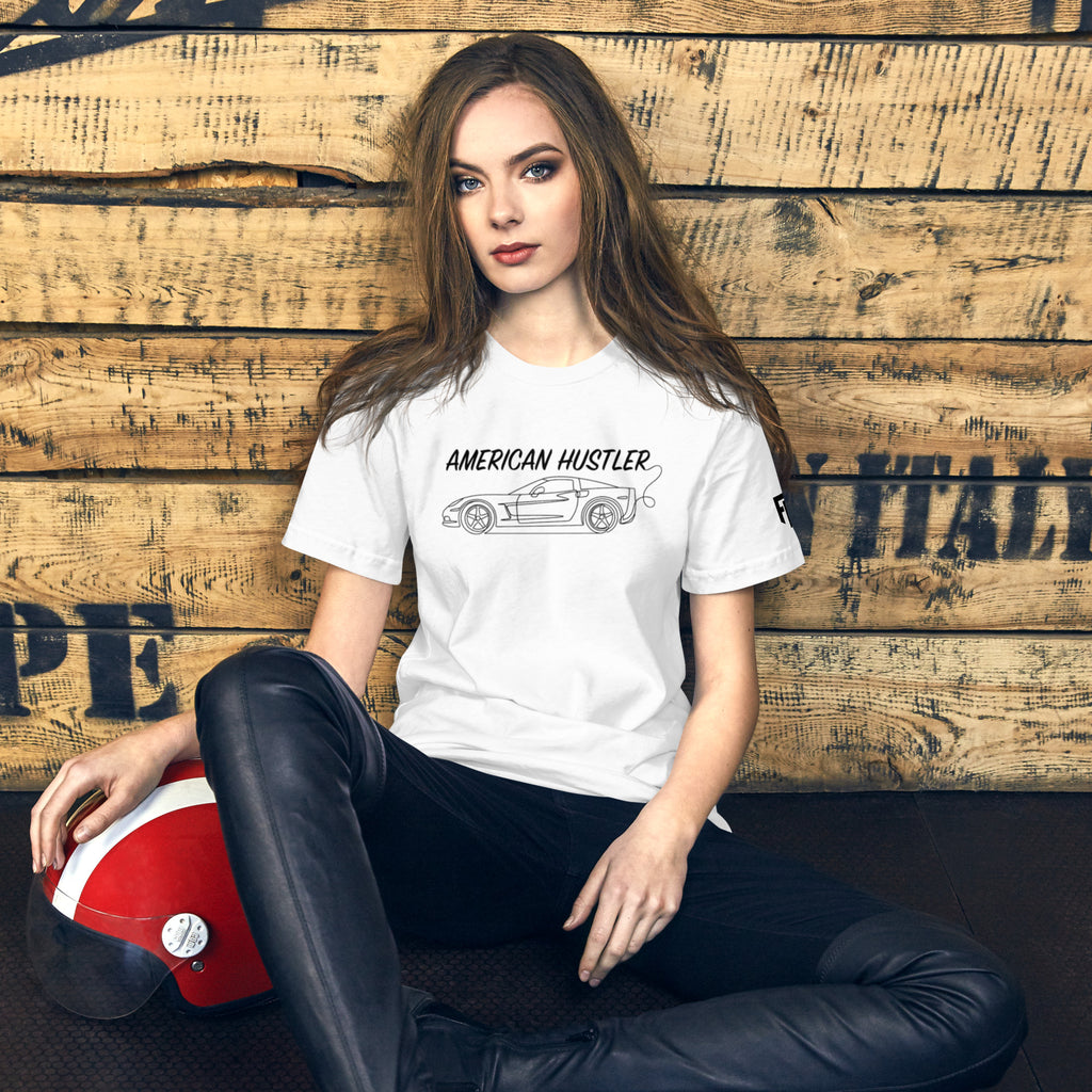 Tee shirt with a simple one line design of a C6 sports car with Text American Hustler over top.