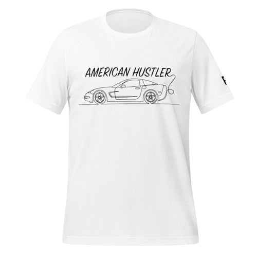 Tee shirt with a simple one line design of a C5 sports car with Text American Hustler over top.