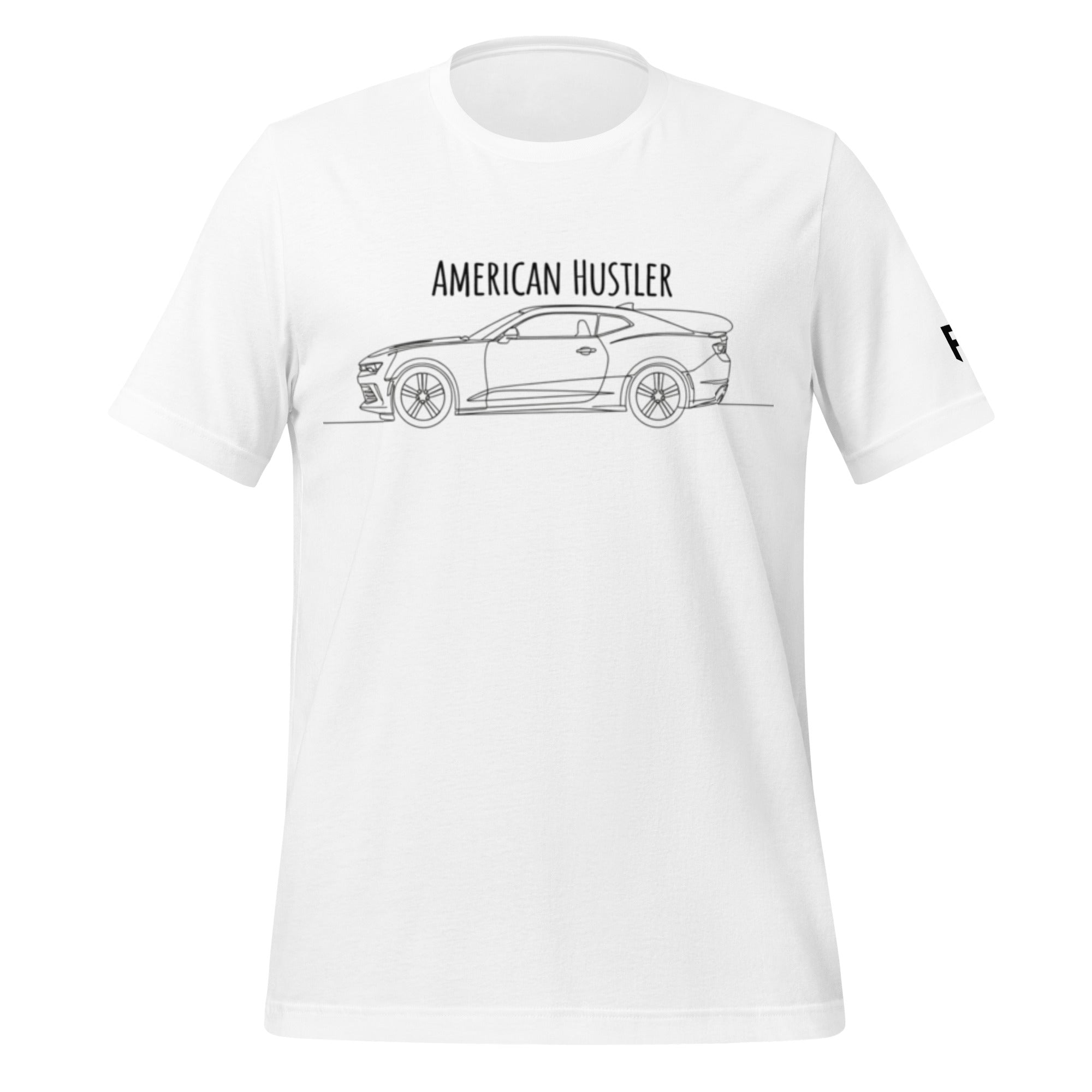 Tee shirt with a simple one line design of a 6th Gen American, muscle car with Text American Hustler over top.