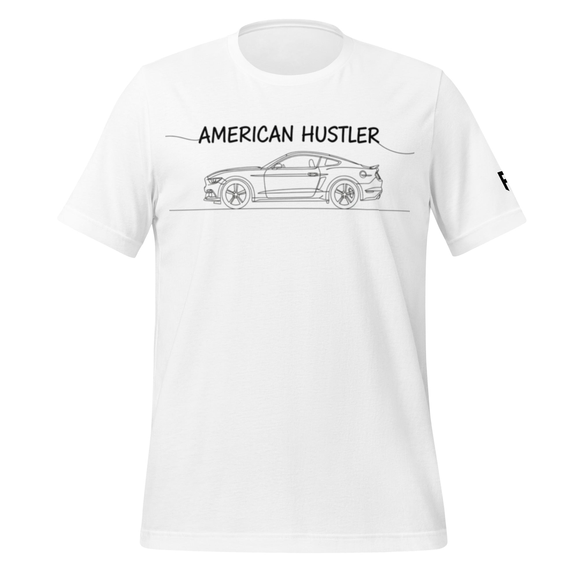 Tee shirt with a simple one line design of an S550 American sports car with Text American Hustler over top.