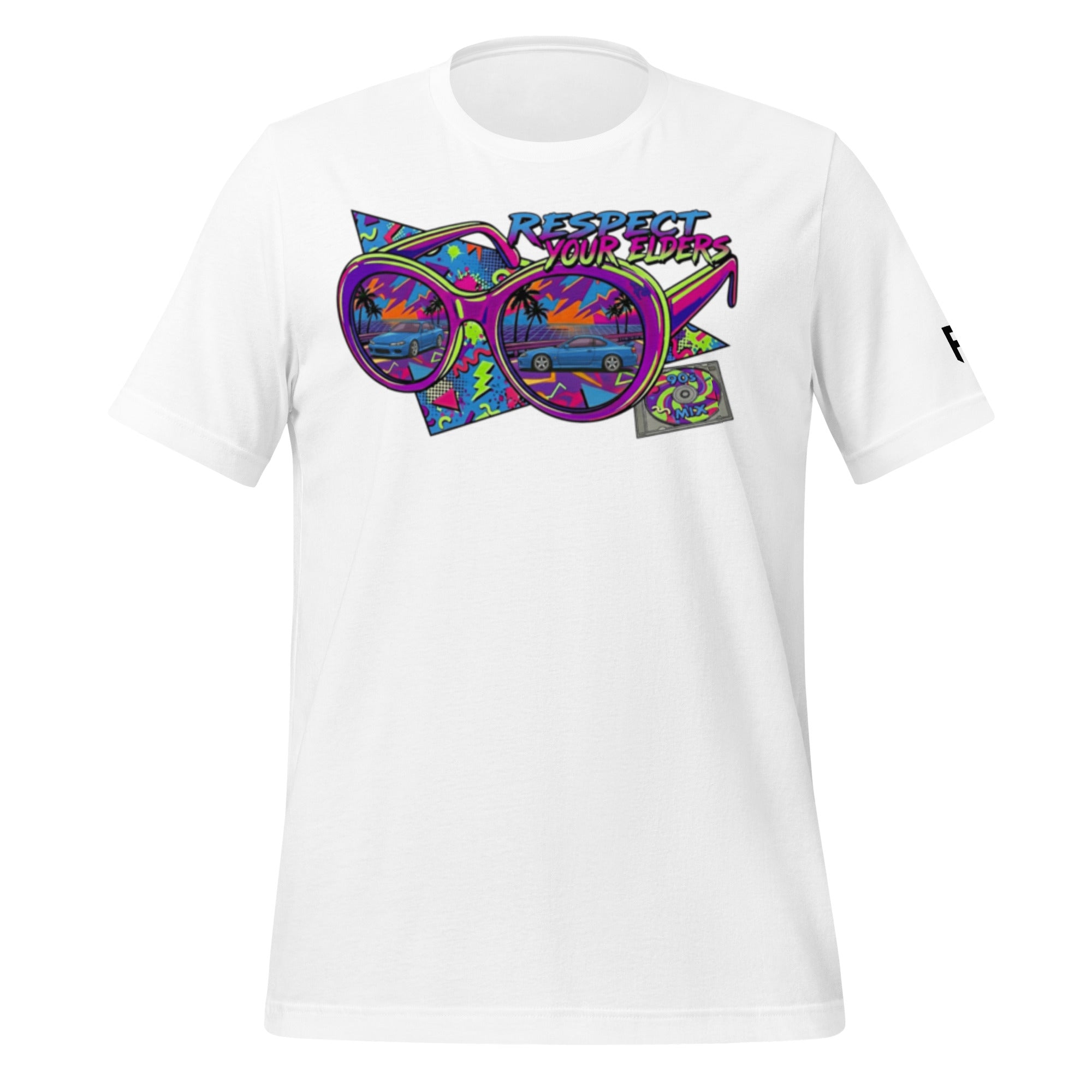 Tee shirt with sunglasses and a retro 1990s style with an S15 Japanese sports coupe and text saying "Respect Your Elders"