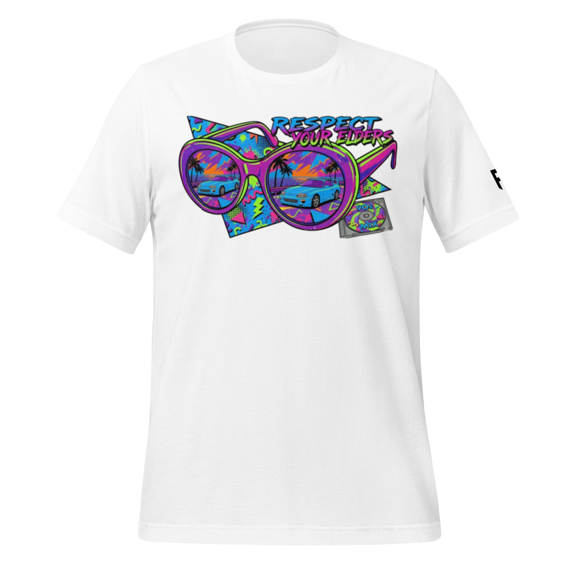Tee shirt with sunglasses and a 1990s retro style with a MK4 Japanese sports coupe and text saying "Respect Your Elders"