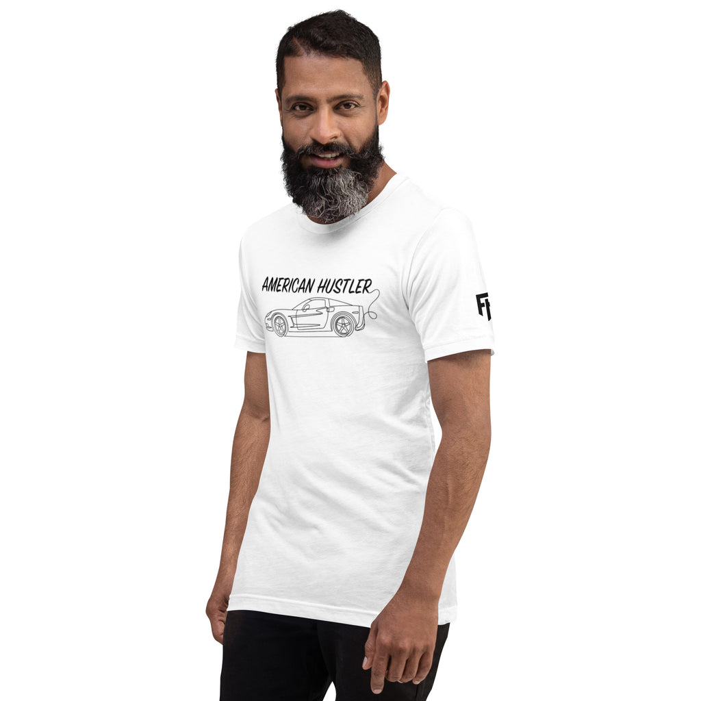 Tee shirt with a simple one line design of a C6 sports car with Text American Hustler over top.