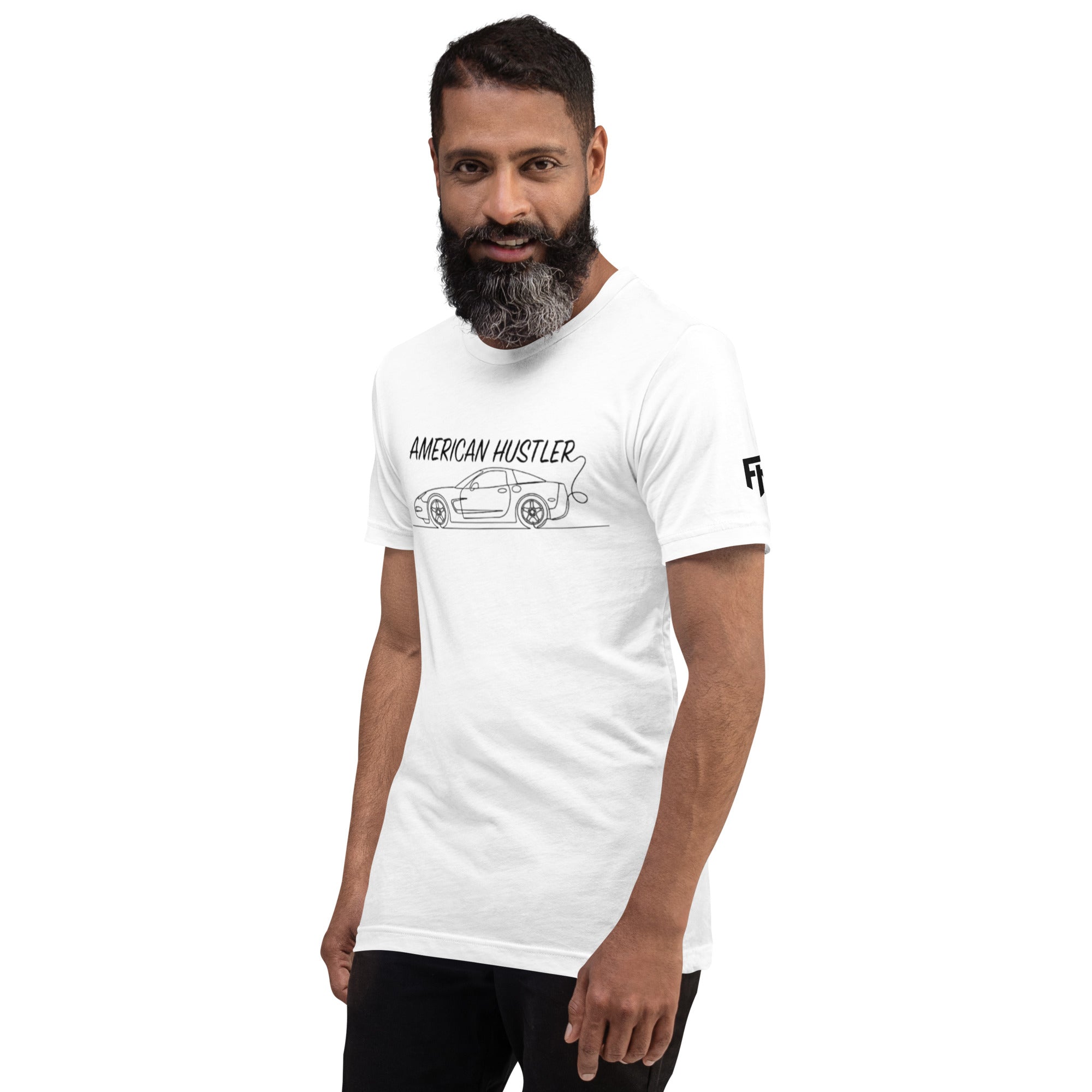 Tee shirt with a simple one line design of a C5 sports car with Text American Hustler over top.